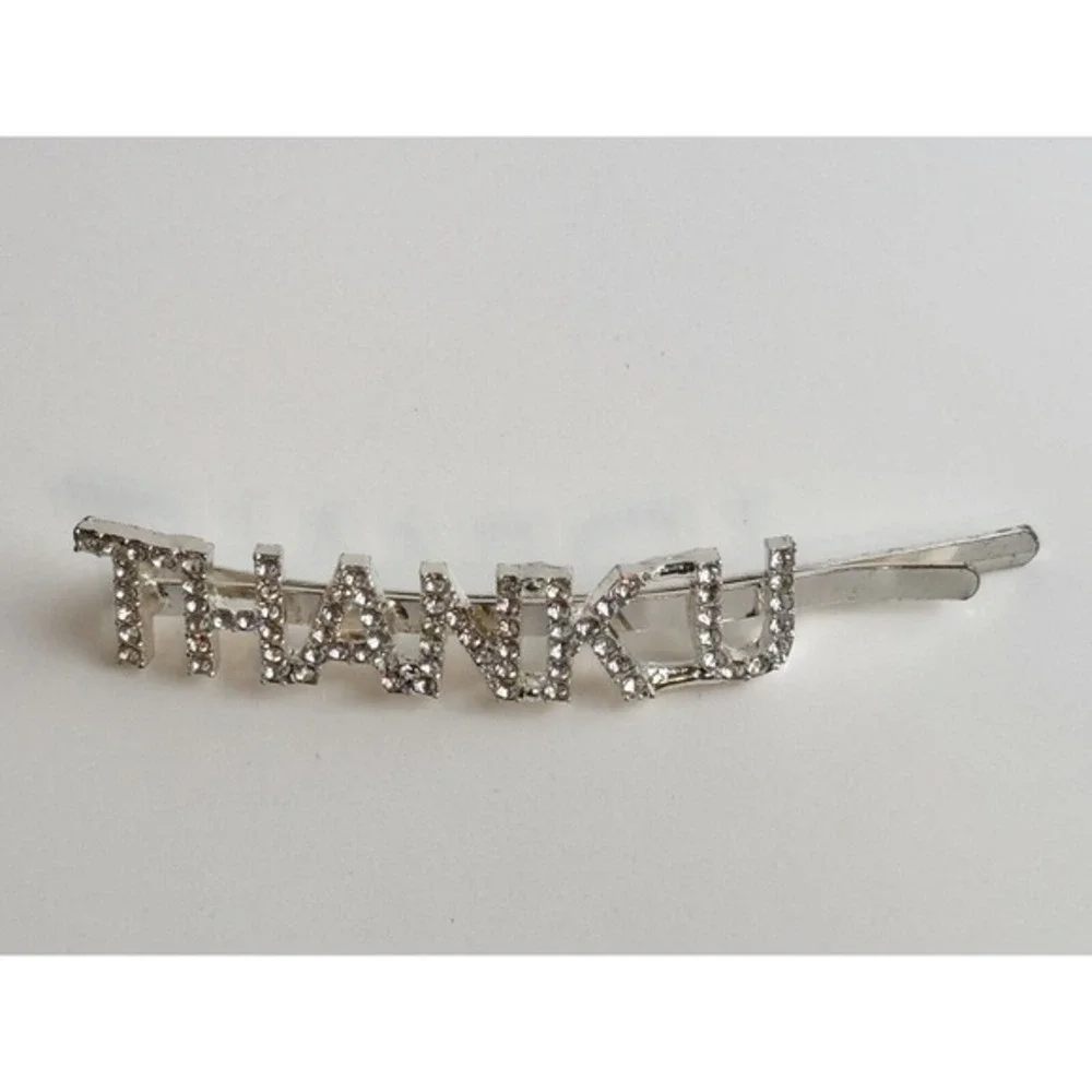 Silver Rhinestone THANK U Statement Hair Clip Bobby‎ Pin Slide Accessory J-01